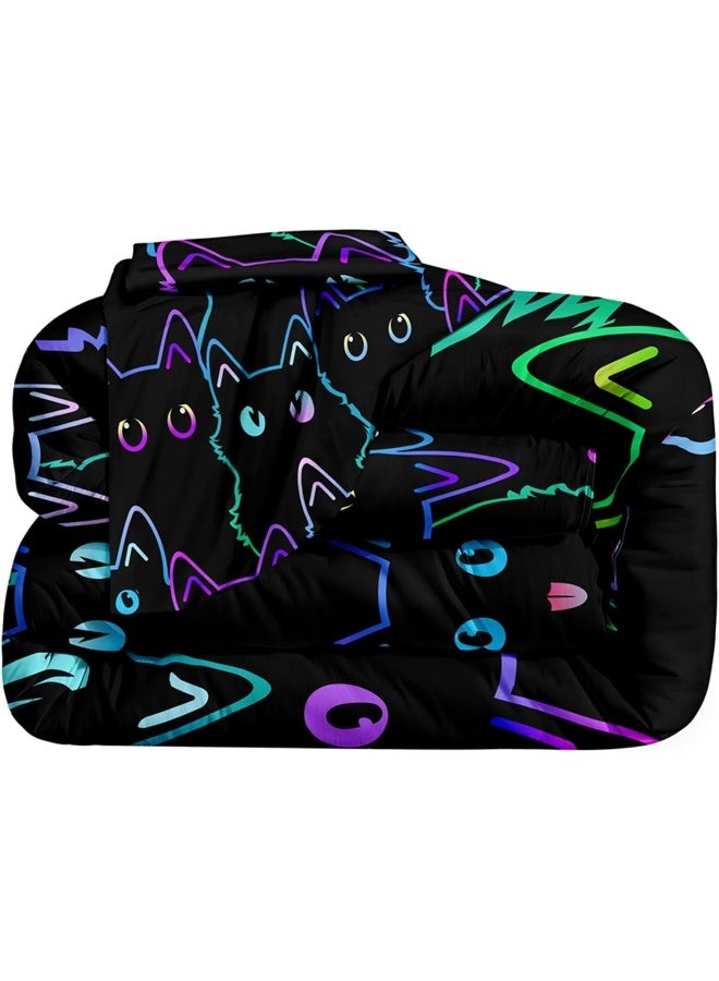 ROWADALO 6 Piece Cat Comforter Set Queen Size Bed in A Bag set Cute Black Cat Bedding Set for Girls Boys Kids Teens (with 1 Comforter,1 Flat Sheet,1 Fitted Sheet,2 Pillowcases,1Cushion Cover)Cats 5001-6Pcs Q - Image 3